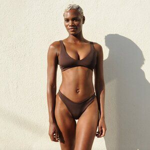 Left on Friday Plunge Top (M) + Dip Bottom (S) Set in Cold Brew (Brown)